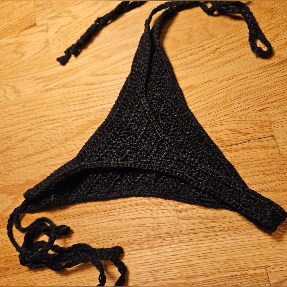Handmade black crochet thong bikini bottom size small, adjustable ties